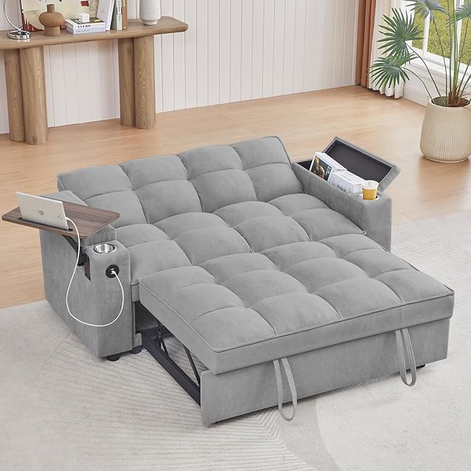 65'' Convertible Sleeper Sofa Bed with Adjustable Backrest Chaise Lounge Side Table &amp USB/Type-C Ports – Stylish &amp Functional Addition to Any Living Room (Light Grey)