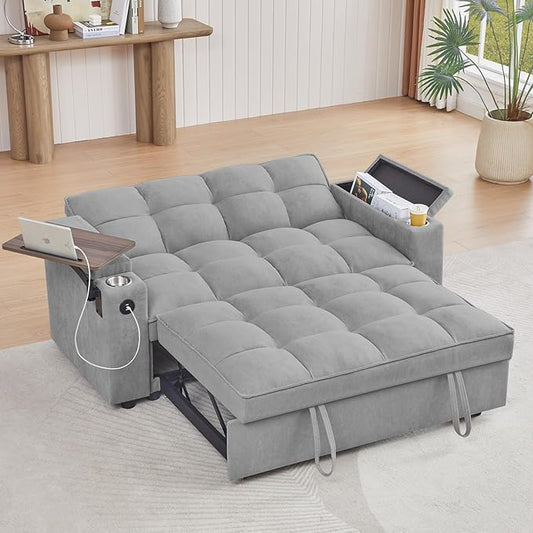 65'' Convertible Sleeper Sofa Bed with Adjustable Backrest Chaise Lounge Side Table &amp USB/Type-C Ports – Stylish &amp Functional Addition to Any Living Room (Light Grey)