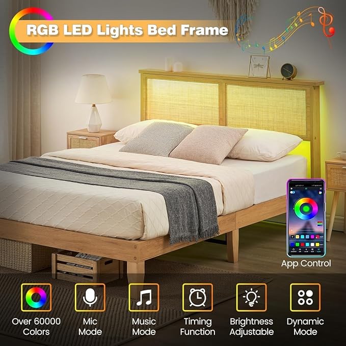 GAOMON King Size Rattan Bed Frame Rattan Bed Frame with LED Light &amp Natural Headboard Boho Storage Space Underneth Sturdy Wooden Slats Support No Box Spring Needed