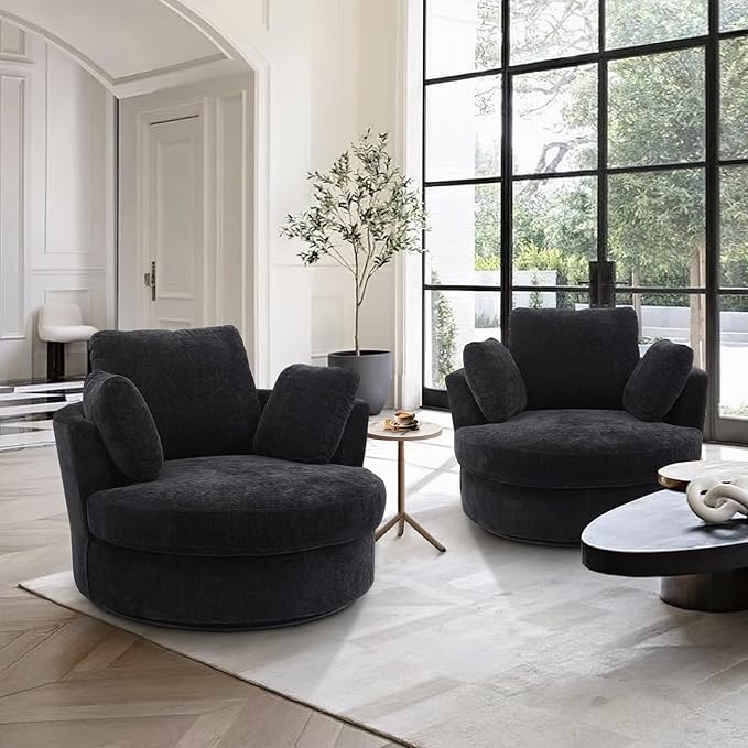 SLEERWAY Oversized Swivel Chairs Set of 2 Big Comfy Round Accent Barrel Chair and A Half Bucket Loveseat Bedroom Club Reading Lounge Living Room Furniture Set (Black)