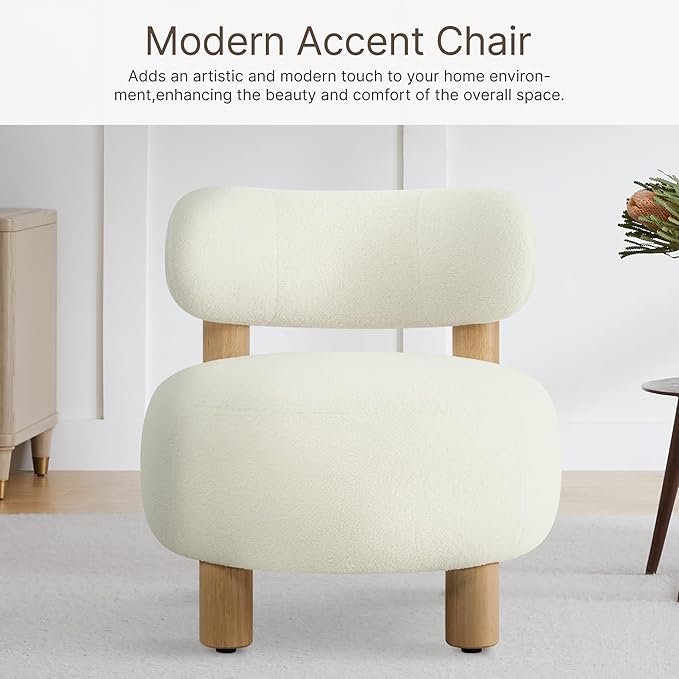 Modern Boucle Accent Chair with Plush Faux Sherpa Upholstery Curved Backrest Solid Wood Legs for Living Room Bedroom Reading Nook 27.5 White