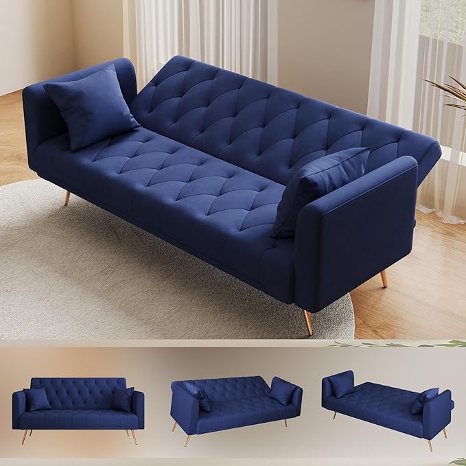 Anwick 72 Modern Velvet Sofa Bed FutonConvertible Folding Sleeper Bed Couches with 3 Adjustable BackrestsTufted Recliner Loveseat with Golden Chrome Legs for Small Living Room Office (Blue)