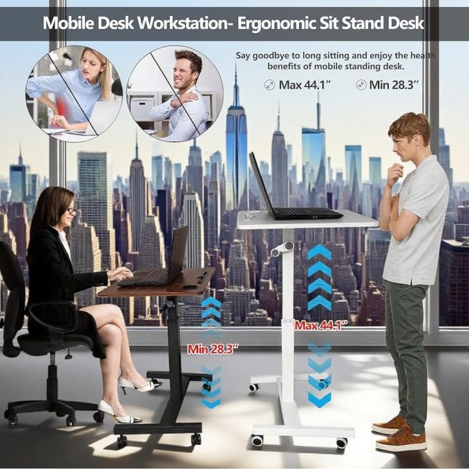 Mobile Standing DeskHeight Adjustable Overbed Bedside Table with Wheels&ampCup HolderHand Crank Sit Stand Desk and Laptop CartComputer Workstation for Home Office Classroom Hospital (Manual Walnut
