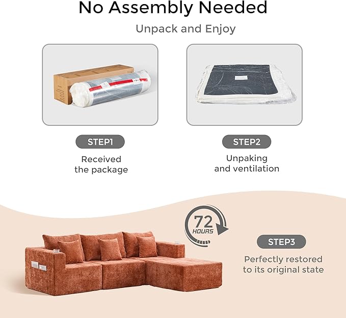 WELAX 104 Modular Sectional Couches for Living Room Boneless Couch L-Shape with Cup Holders &amp Pillows Modern Chenille Cloud Sofa 4 Seater Home Comfy Sofas for Bedroom Orange