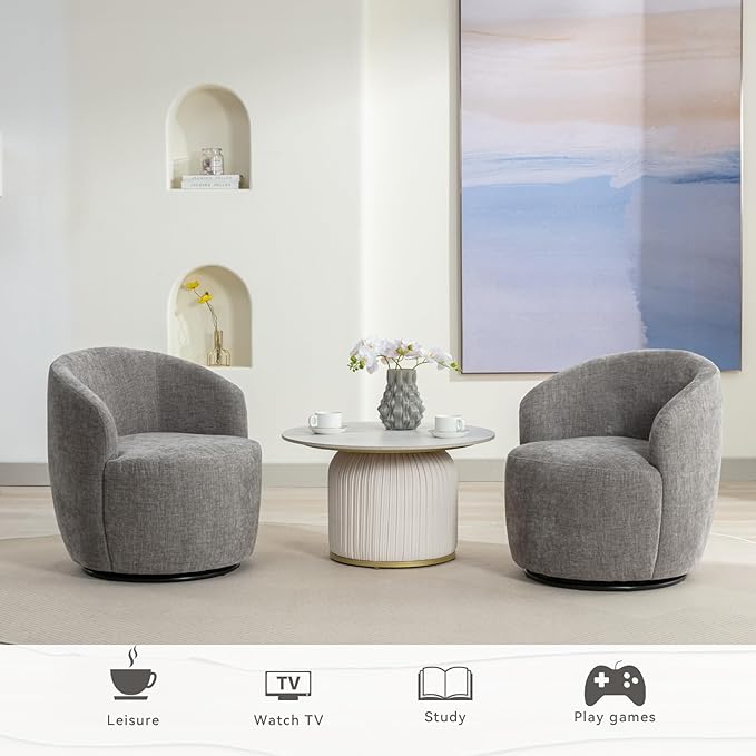 FOXHUNTER Swivel Barrel Chair Set of 4 360° Small Single Sofa Armchair Comfy Round Sofa Chair Modern Round Accent Arm Chairs for Living Room Bedroom Chenille Light Gray