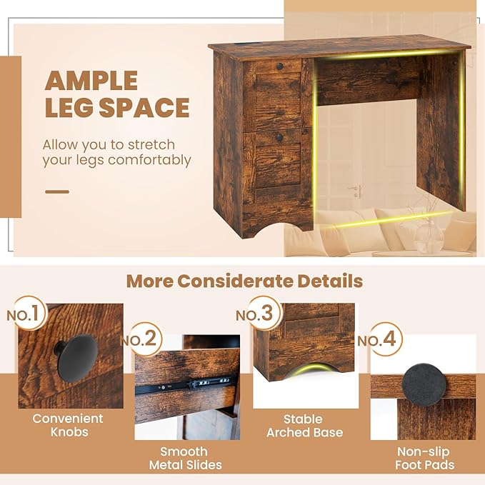 Nightcore 43” Modern Computer Desk Home Office Writing Desk with Power Outlet &amp 2 Storage Drawers PC Laptop Working Desk Workstation for Study Bedroom Living Room (Rustic Brown)