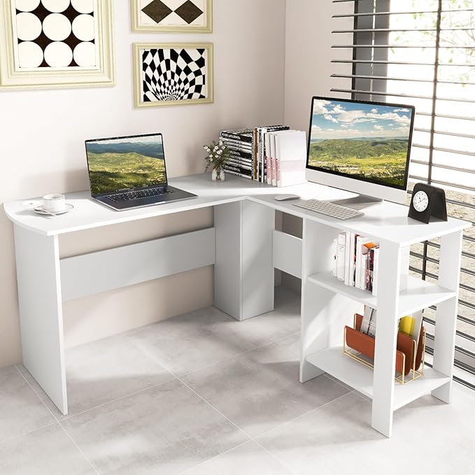 Nightcore 51 Inch L Shaped Desk with Storage Corner Desk with Open Shelves and CPU Stand Modern Office Computer Desk for Gaming Work Study Home Office White