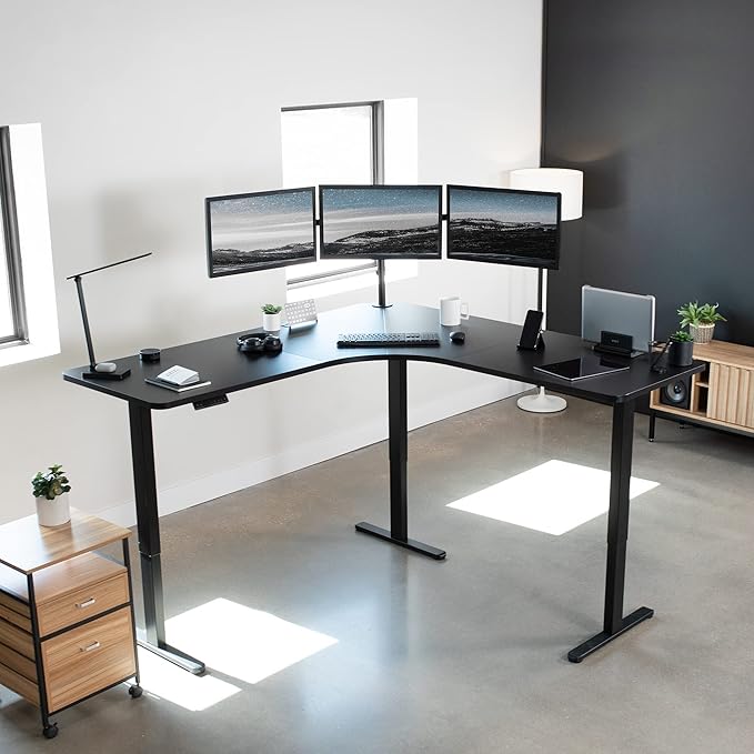 VIVO Electric Height Adjustable 71 x 71 inch Curved Corner Stand Up Desk Black Table Top Black Frame Memory Controller L-Shaped Workstation E3C Series DESK-KIT-E3CB2