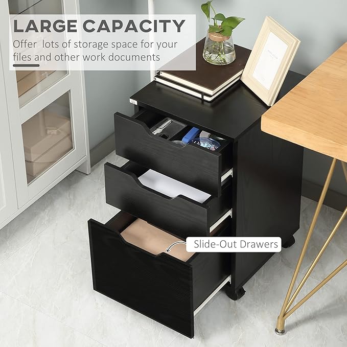 3 Drawer Small File Cabinet with Lock Under Desk Storage Cabinet Organizer with Wheels Locking Filing Cabinet for Home OfficeBlack