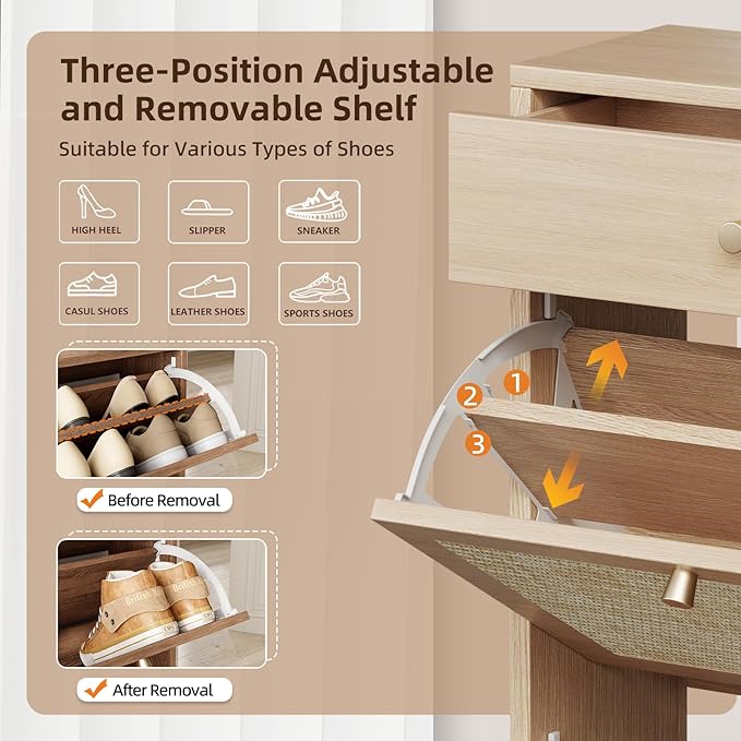 Nicetree Shoe Cabinet Storage for Entryway 4-Flip Drawer Narrow Shoe Rack Organic Modern Rattan Shoe Organizer with Gold Legs Shoe Organizer Fits Men's Size 13.5 Sun-Drenched Amber Oak