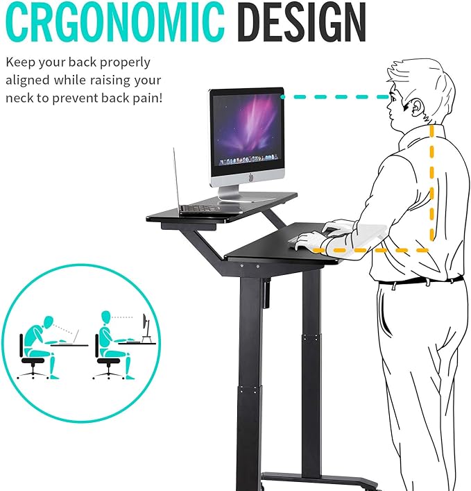 UNICOO Electric Height Adjustable 2-Tier Raising Desk with Wheels Mobile Standing Desk with Monitor Stand Ergonomic Adjustable Computer Table Electric Standing Game Table for Home Office