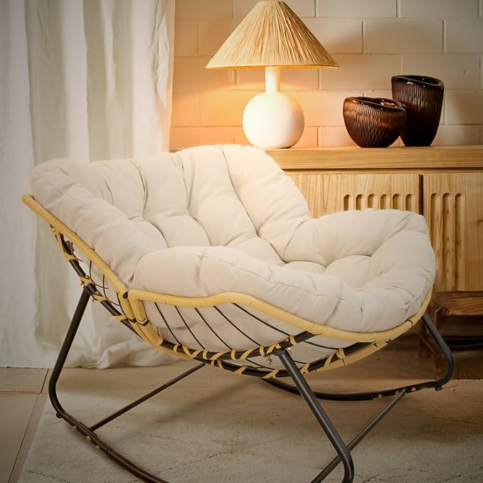 Oversized Large Rocker Chair for Adults Modern Portable Rocking Chairs for Living Room Indoor Outdoor Use Rocking Lounge ChairBeigeBlack