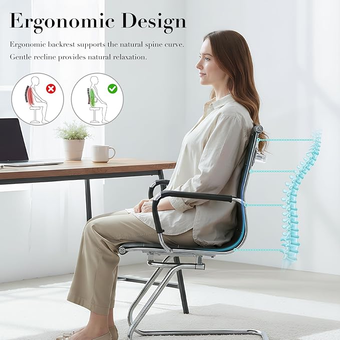 CIMOTA Waiting Room Chairs Leather Office Guest Chair Mid Back Reception Chairs with Sled Base for Meeting/Patient/Conference Room Black Set of 2