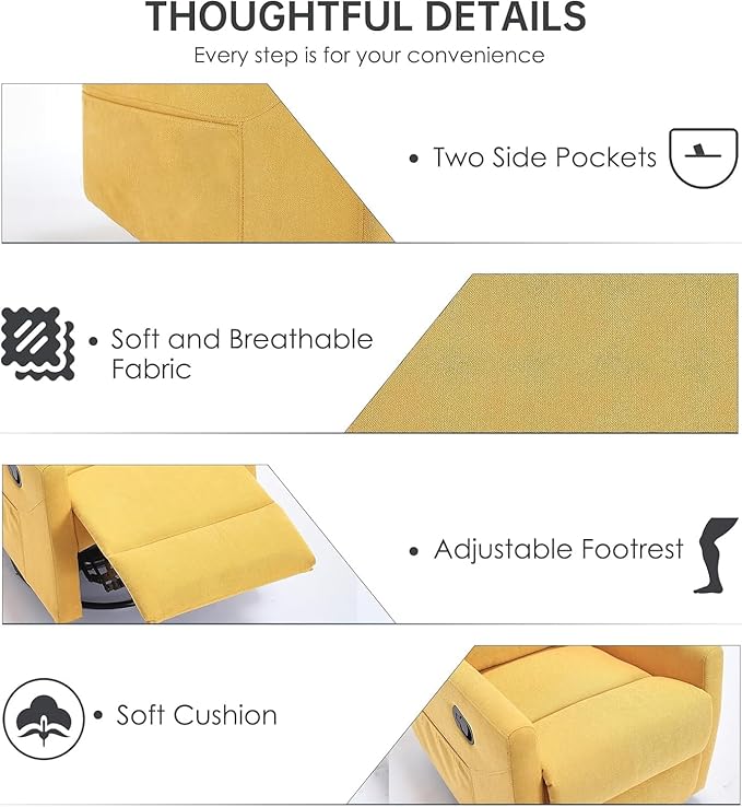 360° Swivel Rocker Recliner Chair for Small Spaces Manual Recliner with Side Pockets for Petite Adults Small Rocker Recliner for Living Room Bedroom - Yellow