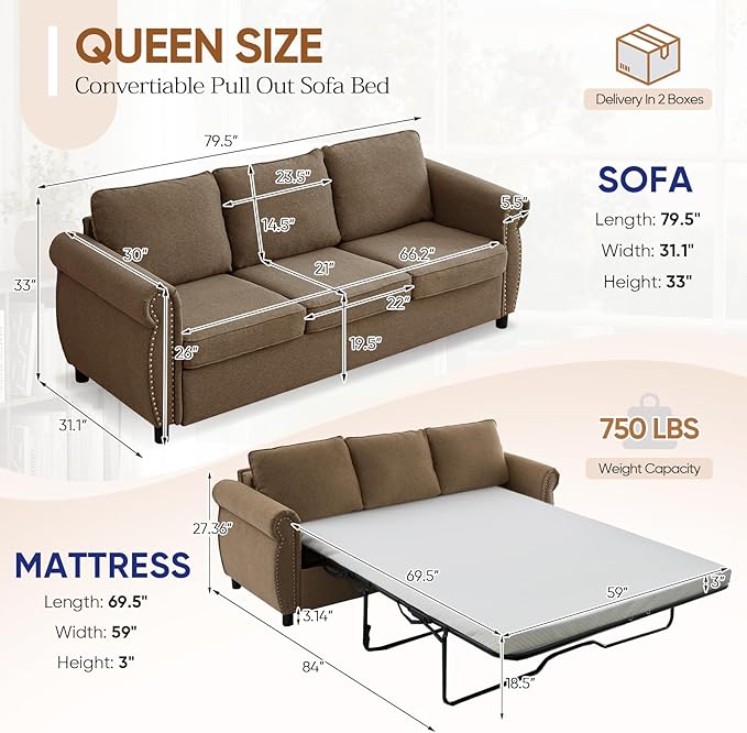 Queen Pull Out Sofa Bed 2-In-1 Pull Out Couch Bed with Memory Foam Mattress &amp Riveted Rolled Armrests 3 Seater Convertible Sleeper Sofa Foldable Couch for Living Room Bedroom Apartment(Brown)