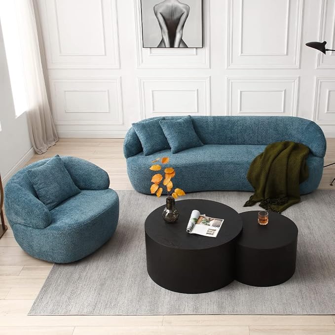 WILLIAMSPACE Swivel Accent Sofa Chair Round Back Boucle Barrel Chair with Pillow Modern Leisure Arm Chair for Hotel Living Room Bedroom Office (Navy Blue)