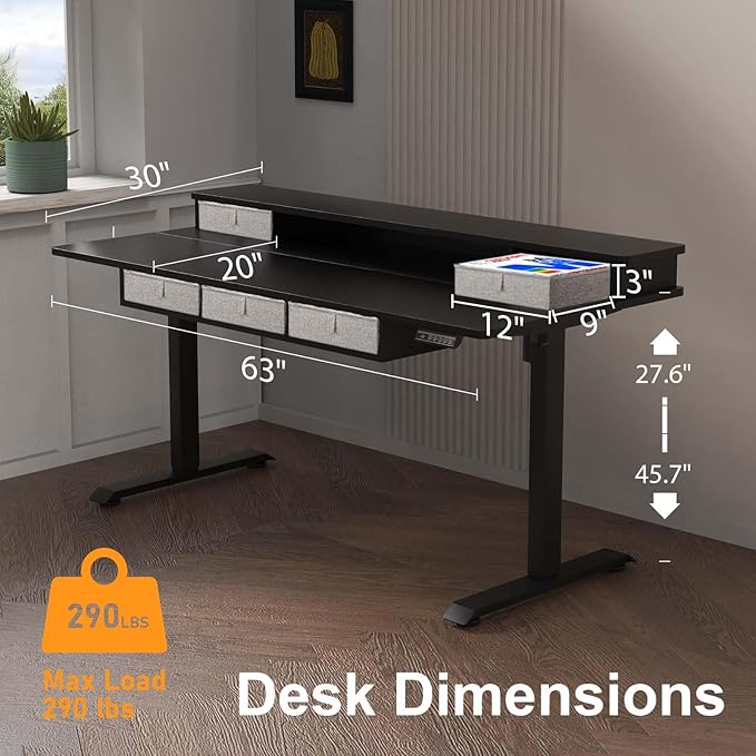 XINYAO Standing Desk with 5 Drawers 63 x 30 Inch Electric Height Adjustable Stand Up Desk Ergonomic Table with Storage Larger Desktop Computer Workstations