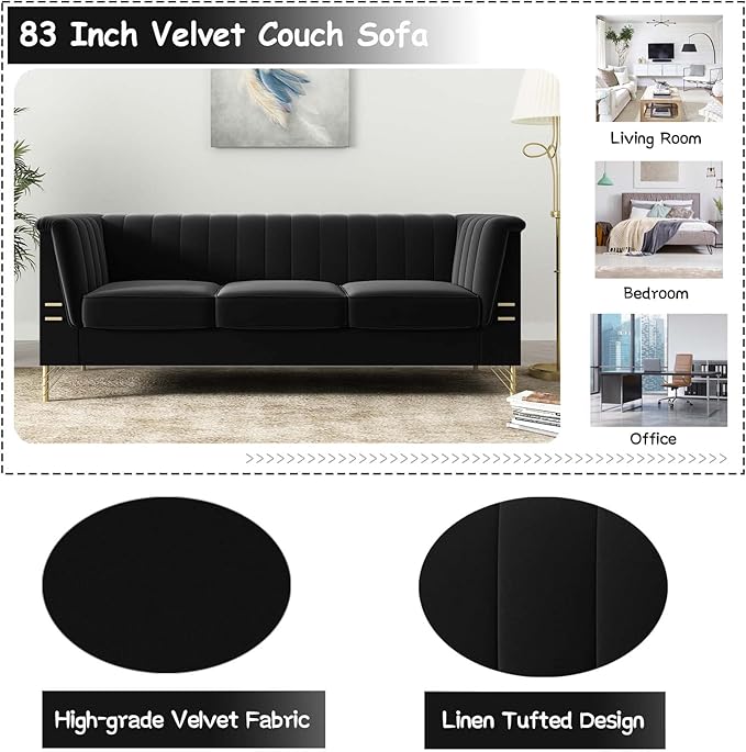 Tomkate 83 Black Velvet Chesterfield Sofa Mid-Century Modern Tufted 3-Seater Couch with Flared Arms Removable Cushions &amp Gold Metal Legs for Living Room (Black)