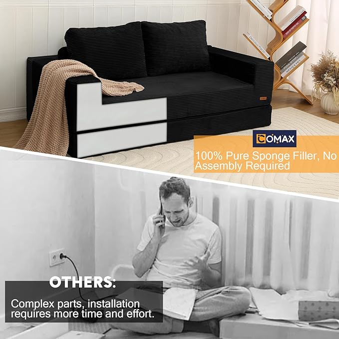 COMAX Convertible Sofa Bed Queen Corduroy Folding Floor Couch Pull Out Couch Bed Futon Sleeper with Pillows Fold Out Boneless Sofa Comfy Lounge Mattress Loveseat for Living Room Bedroom Black