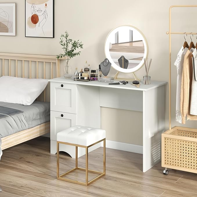 Tangkula White Desk with Drawers &amp Charging Station Wooden Home Office Desk PC Laptop Notebook Desk Compact Study Desk Writing Desk Computer Workstation Ideal for Home &amp Office