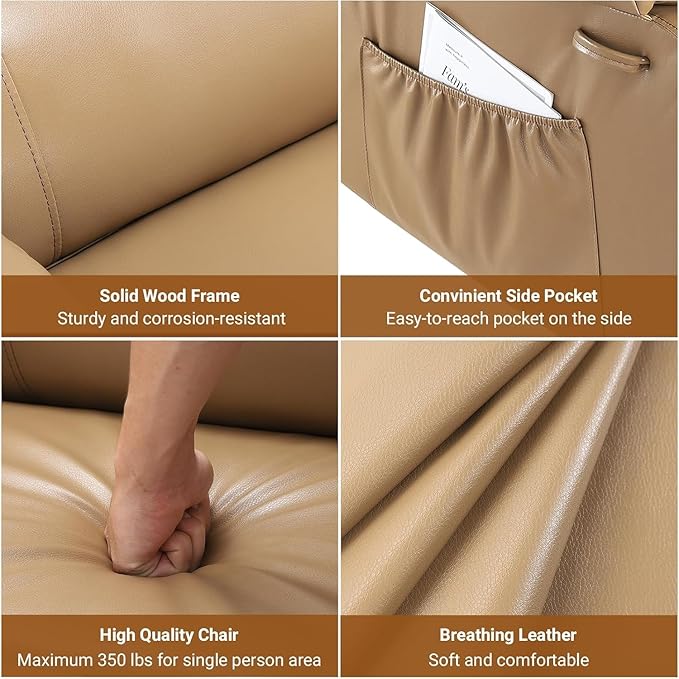 Power Lift Recliner Chair for ElderlyPU Leather160°Adjustable Electric Reclining Sofa with Massage and Heat for Living Room/BedroomTan