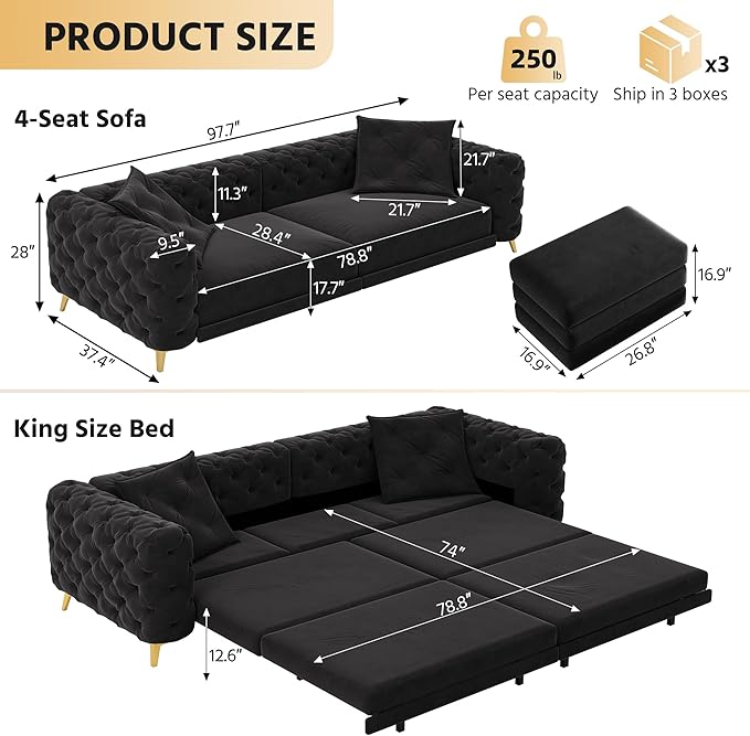 97.7 King Pull Out Sofa Bed Velvet Chesterfield Sleeper Sofa Couch 3 in 1 Convertible Tufted Futon Couches with Ottoman for Living Room Small Space Apartment Office Bedroom Black