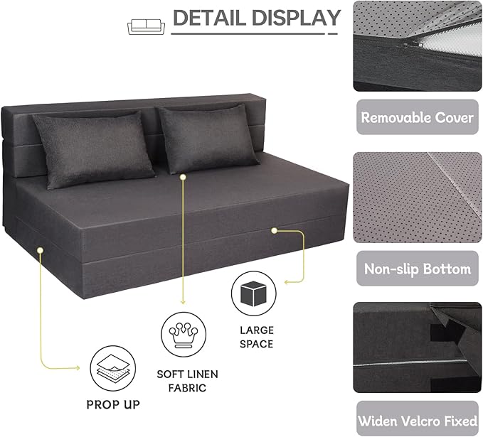 Folding Sofa Bed Foldable Bed Sleeper Chair with Pillow Convertible Sofa Bed with Washable Cover Fold Out CouchFuton Couch for Living Room Dorm Guest Room Queen Size Dark Grey