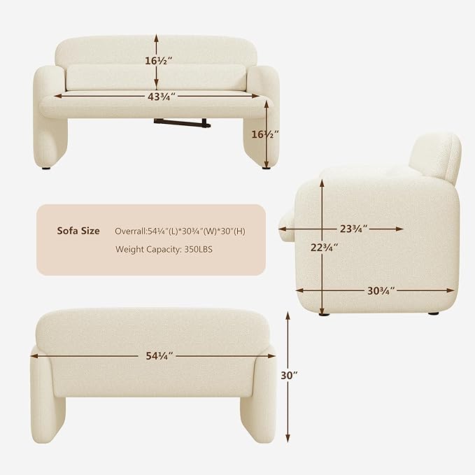 Furnimart Modern Loveseat Sofa 54 2-Seater Boucle Sofa Comfy Upholstered Minimalist Couch Small Couches for Small Spaces Apartment Office Living Room Bedroom Dorm Chenille White