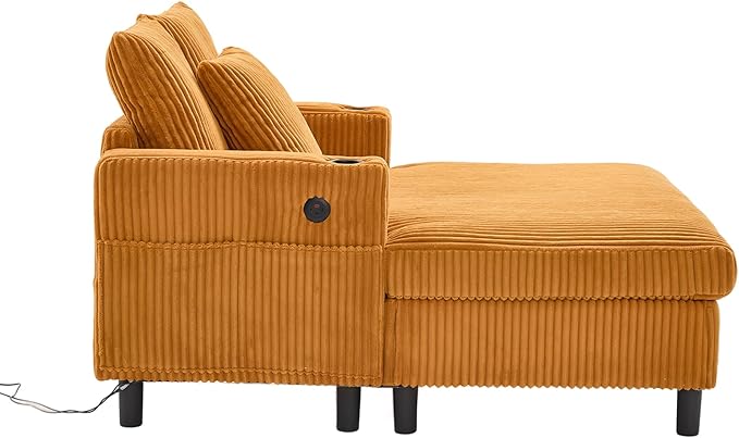 SLEERWAY Modern Corduroy Chaise Lounge Sofa Indoor- 55.9 Comfy Oversized Couch Bed with USB Ports Cup Holder Side Pocket Lights 3 Throw Pillows Lazy Recliner Chairs Living Room (Yellow)