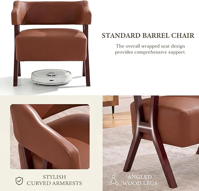 STHOUYN Leather Accent Chairs Barrel Chair with Solid Wood Frame Mid-Century Modern Wooden Armchair with Wraparound Back Comfy Office Reading Chair for Living Room Bedroom (2 Brown)