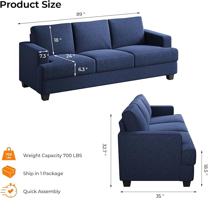 Fadware Sofa Couch 3 Seater Sofa with Suppleness Armrests Fabric Deep Seat Sofa with Upholstered Cushion&amp Backrests Modern Comfy Couch for Living Room Apartment