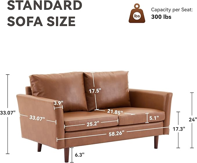 Tbfit Loveseat Faux Leather Sofa Couches for Living Room Bedroom &amp Office Brown