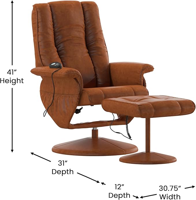Flash Furniture Hall Massaging Heat Controlled Adjustable Recliner and Ottoman with Wrapped Base in Brown LeatherSoft