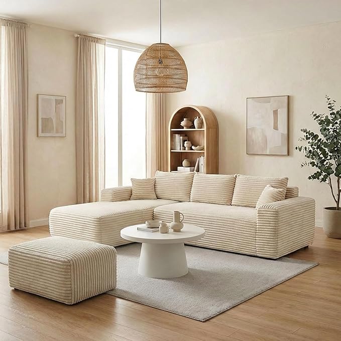 Large Ottoman Foot Rest 37 Beige Sofa Couch Ottomon with Soft Long-Pile Fabric High Resilience Foam &amp Spring Support Ottoman for Living Room Extra Seating