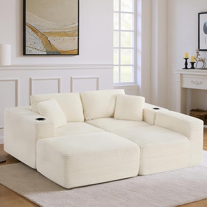 110”Modular Sectional SofaCloud Boneless Couch with Deep SeatModern Modular L-Shape Sofa Couch with 0ttomanUpholstered Couches for Living Room Bedroom (Beige)