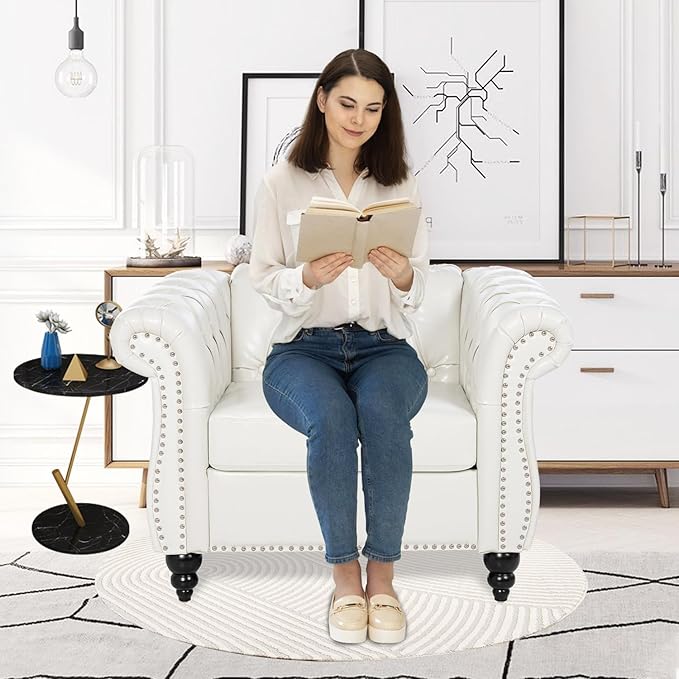 Chesterfield Faux Leather Chair | White Tufted Arm Deep Seat Accent Chair Living Room/Bedroom