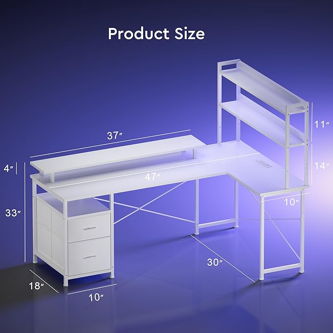 L Shaped Gaming Desk with ShelvesReversible Computer Gaming Desk with LED Lights and Charging StationHome Office Corner Desk with Monitor StandWhite