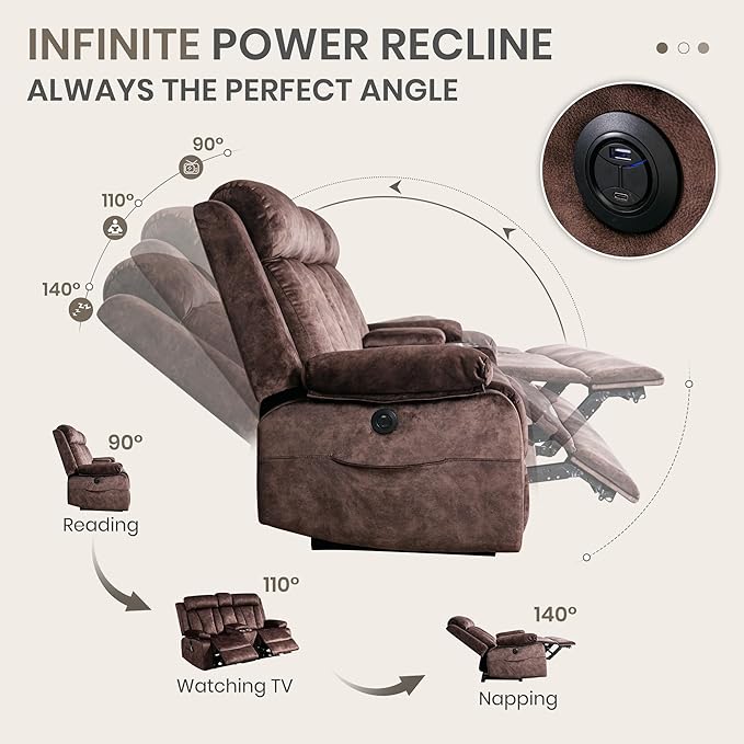 Power Reclining Loveseat with Heat &amp Massage Dual Recliner Sofa with Console Cup Holders USB &amp Type-C Ports 2 Seater Electric Reclining Couch for Living Room RV (Brown 2 Seat)