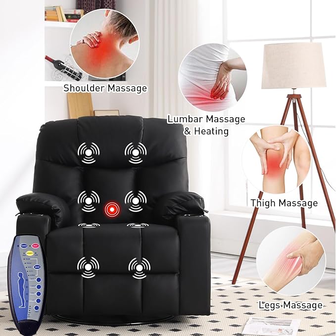 Bonzy Home Oversized Swivel Rocker Recliner 40 Rocking Recliner Chair with Heated and Massage PU Leather Single Sofa with Swivel Function 2 Cup Holders for Living Room Bedroom Black