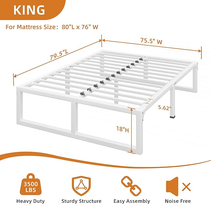 King Size Bed Frame 18 Inch Metal Platform Bed Frames with Squeak Free U-Slot Design 6 Non-Slip Guards 3500lbs Heavy Duty Steel Slat Support No Box Spring Needed Under Bed Storage White