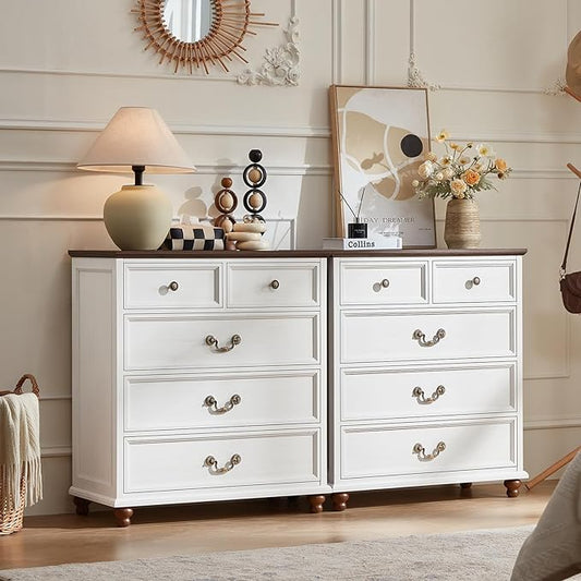 Farmhouse 5 Drawer Dresser Set of 2 for Bedroom 35 Tall Rustic Chests of Drawers w/ 4 Solid Wood Feet Mid Century Vintage Wooden Closet Storage Dressers Organizer for Living Room White