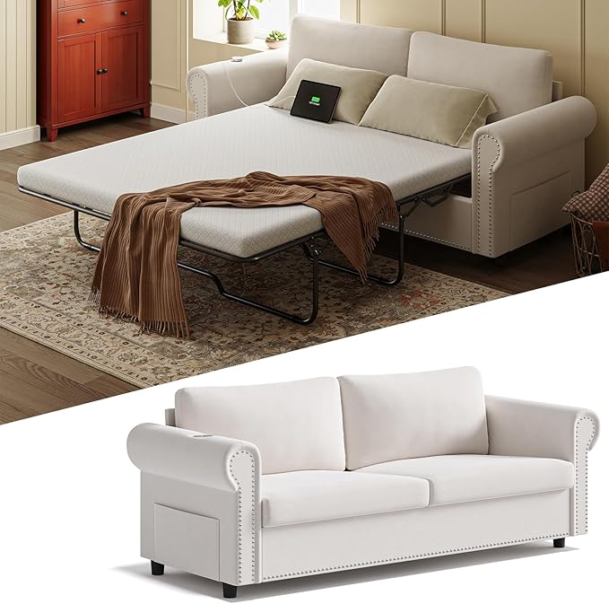 Queen Pull Out Sofa Bed | 83 Large Sleeper Sofa with Queen Size Mattress | 2-in-1 Convertible Loveseat Sofa-Bed with USB Ports Side Pockets Ivory White