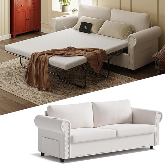 Queen Pull Out Sofa Bed | 83 Large Sleeper Sofa with Queen Size Mattress | 2-in-1 Convertible Loveseat Sofa-Bed with USB Ports Side Pockets Ivory White