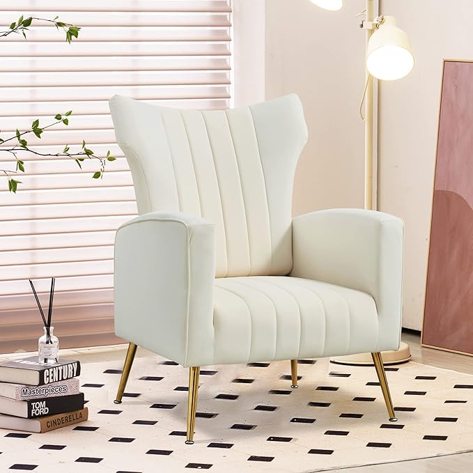 Modern Velvet Accent Chair with Arms Wingback Reading Chair with Gold Metal Legs Comfy Upholstered Single Leisure Sofa for Living Room Bedroom Club(Velvet+White)