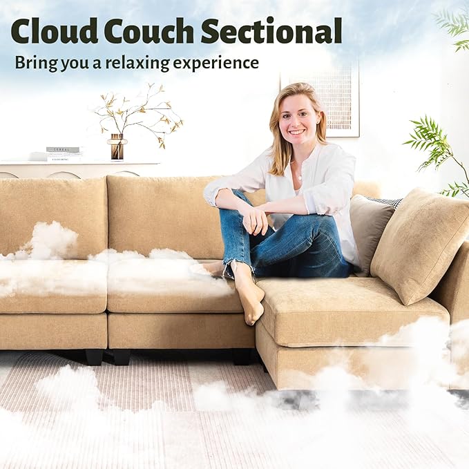 136.4 Modular Sectional Sofa U-Shaped 7 Seater Sectional Sofa with Storage Ottoman Linen L-Shaped Couch Large Cloud Couch with Cup Holders &amp USB for Living Room（Camel