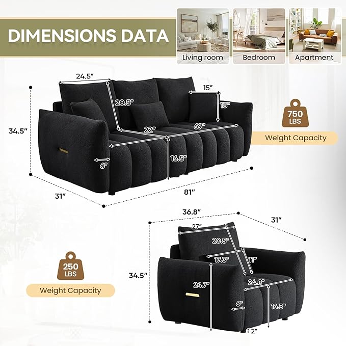 Modern Cloud Sofa Couch Set 2 Pieces Teddy Bouclé Couch and Loveseat Sets Tufted Upholstered Deep Seat Fluffy Comfy Couch Furniture Sets for Living Room Bedroom(Armchair+3 Seater Sofa Black)