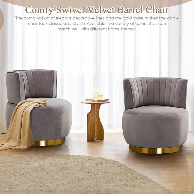 Velvet Swivel Barrel Chair Modern Upholstered Accent Chair 360° Swivel Round Lounge Chair with Gold Metal Base Comfy Arm Chair Sherpa Chair for Nursery Living Room Bedroom Club Office Gray