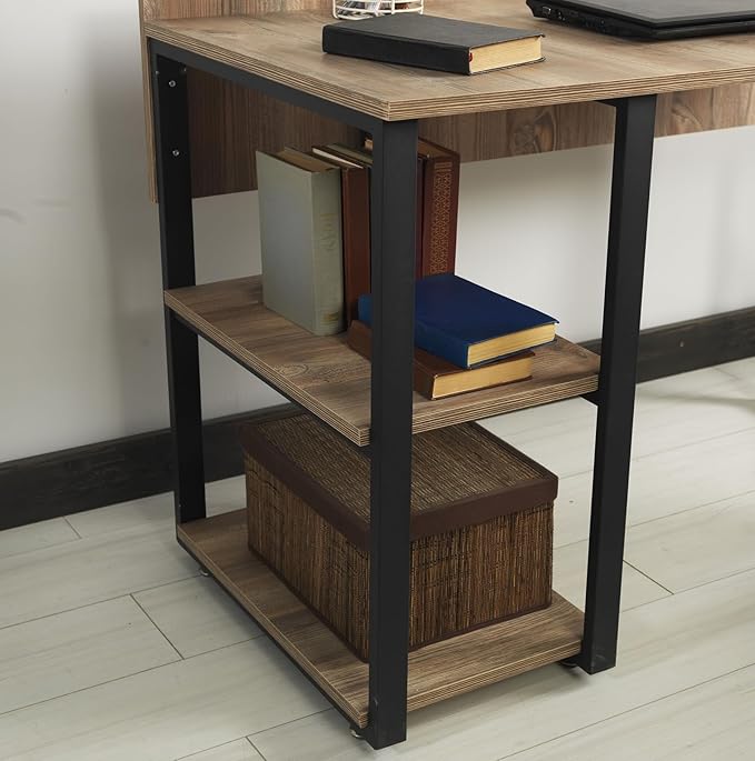 Epinki Black Metal Frame 58 Looden Top 2 Shelves Writing and Computer Desk for Home Office Oak
