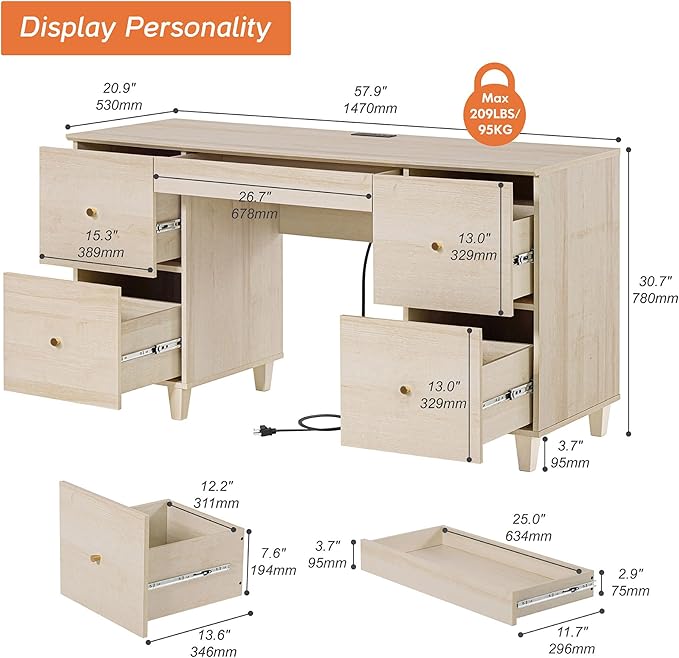 WAMPAT Light Oak Wood Desk with 4 Deep Drawers 58 Inch Modern Home Office Desk with Storage &amp Charging Station Wooden Large Executive Desk Work &amp Study Writing Computer Desk