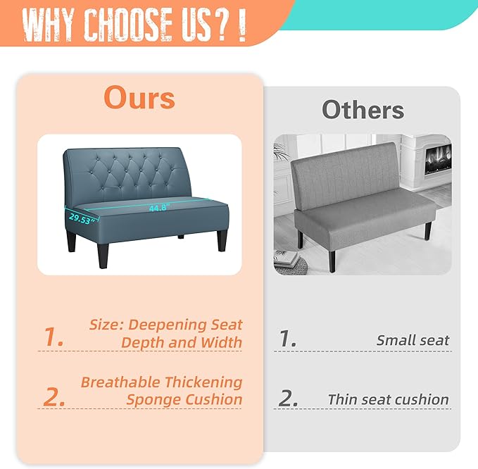 Alunaune Upholstered Blue Loveseat Bench Couch for Bedroom Modern Cushioned Armless Settee Small Love Seat Sofa Faux Leather Living Room Couch